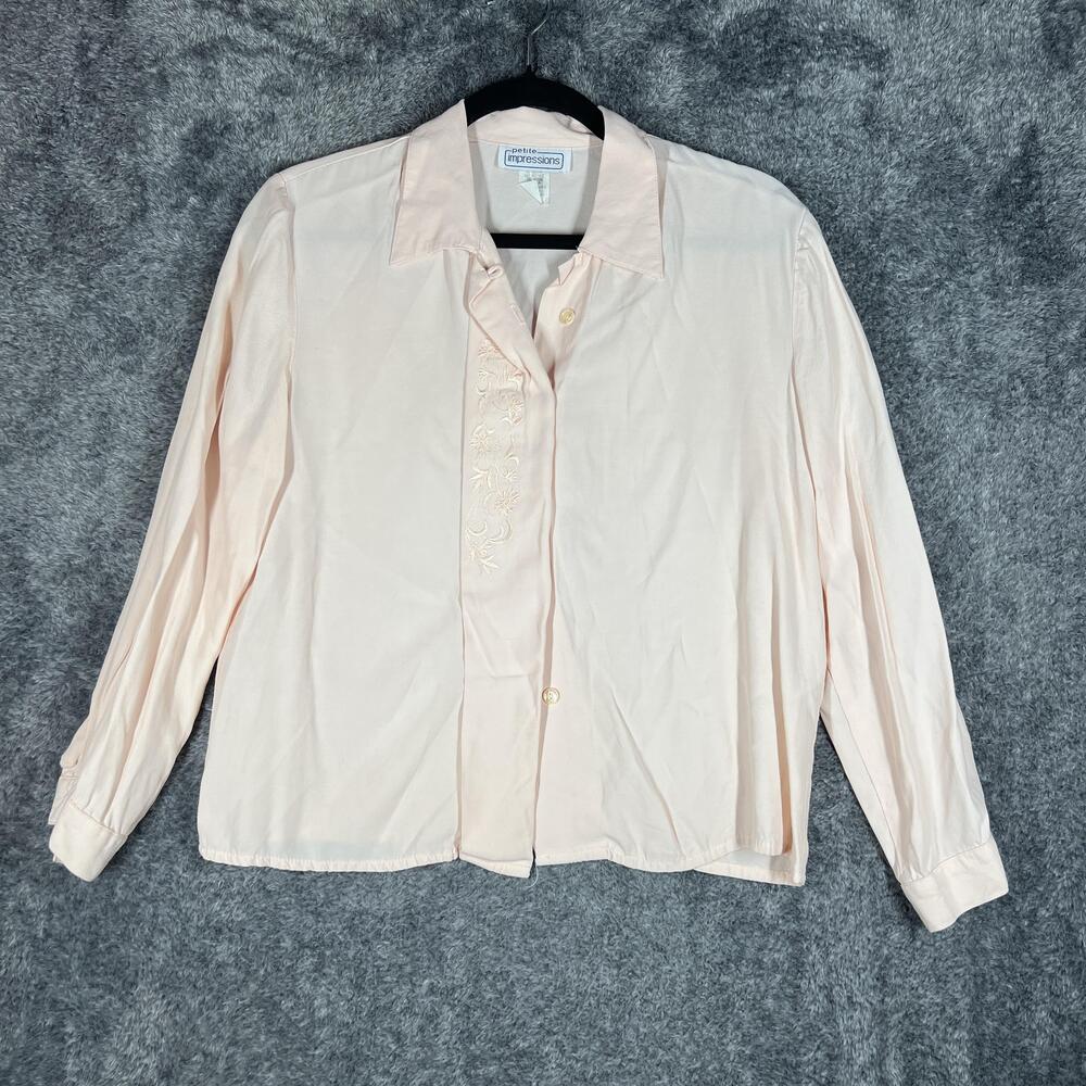 Petite Impressions Button-Up Womens M Pink Rayon Long Sleeve Embroidered USA